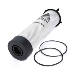 The Cab Filter Cartridge - H931860061102 by AGCO is a cylindrical air filter designed for Fendt Vario models. It features a long black end cap and two black rubber O-rings on the side, along with the AGCO branded logo and "LONG LIFE" text printed on it. This genuine cab filter offers exceptional dust prevention.