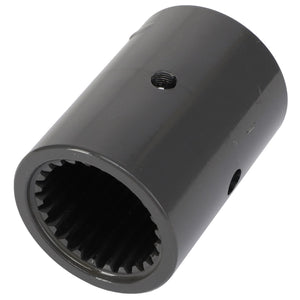 The AGCO Sleeve Shaft - Acw105410A is a cylindrical metal coupler featuring internal splines and two externally threaded holes. No additional product description information is available at this time.