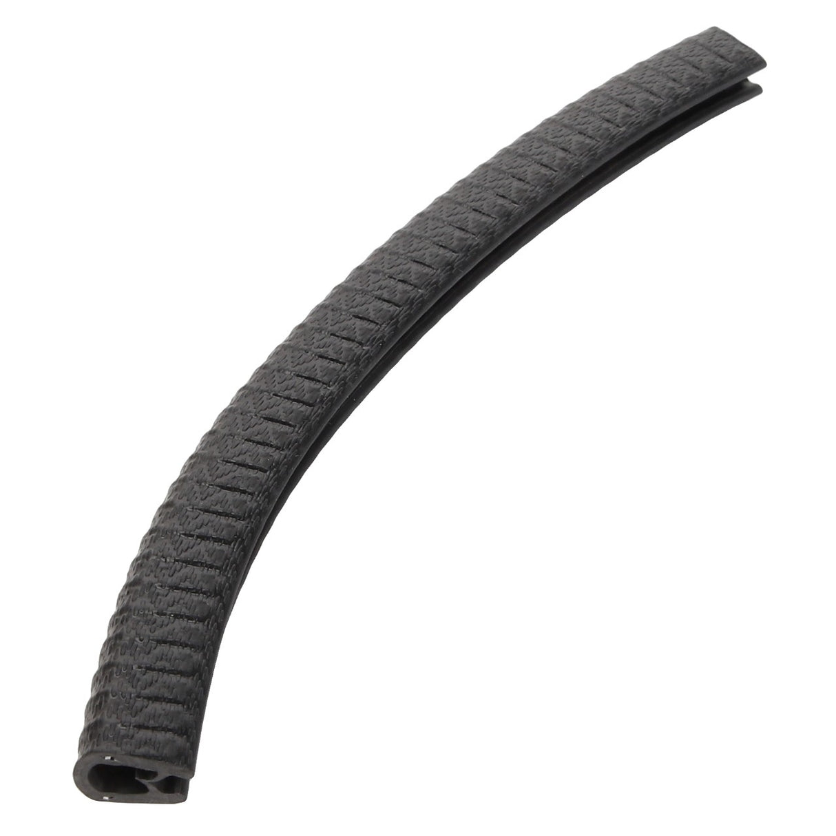 The AGCO Rubber Profile - Acw0696250, a black textured curved component featuring a hollow inner side, may be used as part of a gasket or sealing strip. Further product description information is currently unavailable.