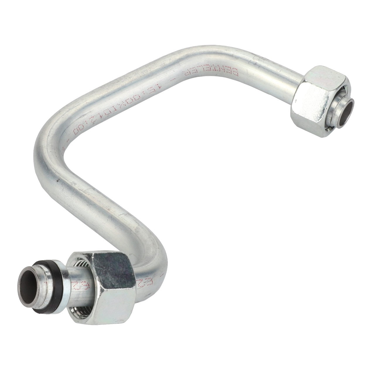 The AGCO Hydraulic Tube - Acx2383140 is a metallic, S-shaped pipe fitting with hexagonal nuts and connectors on both ends. There is currently no detailed product description available.