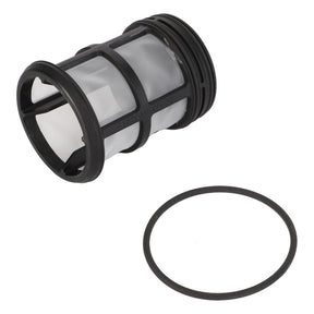 A cylindrical black plastic filter mesh and a separate black O-ring gasket, suitable for Valtra Models, from AGCO (Pre Fuel Filter - F652201210040), displayed on a white background.