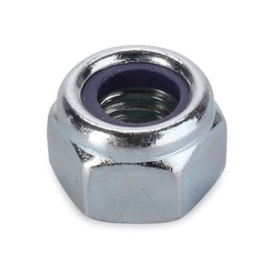 A close-up image of the AGCO Locknut - Va022407, featuring a metallic hex nut with a blue nylon insert.