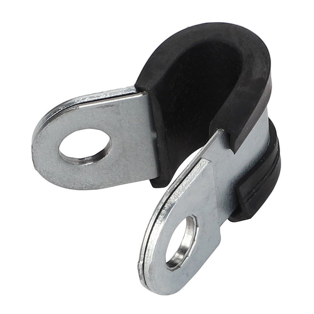 The AGCO Retainer Clamp - V602060610 is a metal P-clamp with a rubber lining designed for securing cables or pipes. It features two mounting holes and is ideal for use in Fendt Vario and Massey Ferguson Dyna-6 machinery.