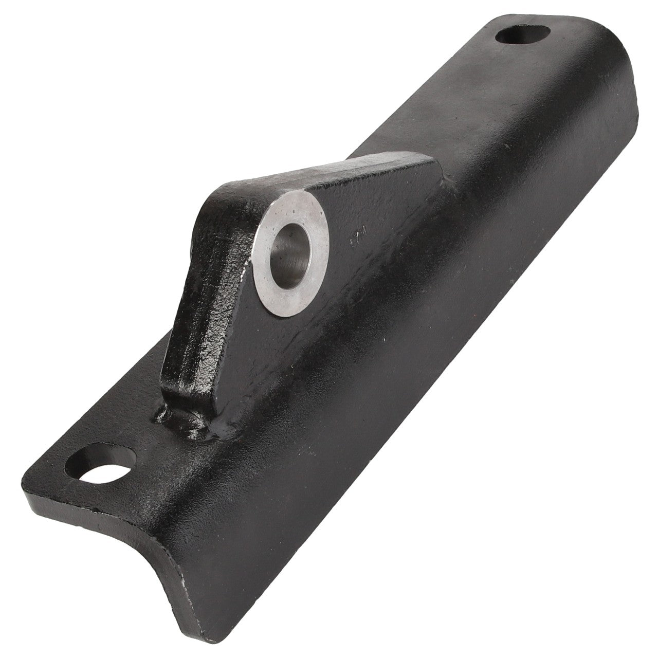 The AGCO | Bracket, Right Hand - La320941250 by AGCO features a cylindrical hole and a mounting hole at each end, designed for mechanical or structural applications. It comes in a black finish.