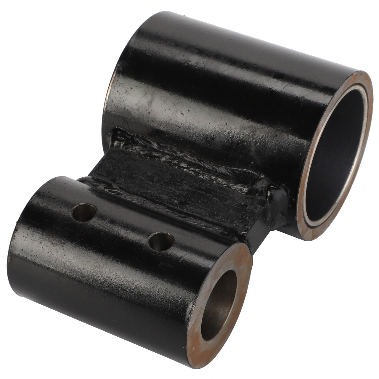 AGCO | ARM - D28280025 by AGCO is a black metal hinge featuring two cylindrical ends and two holes drilled through the flat connecting section. Further product description information is currently unavailable.