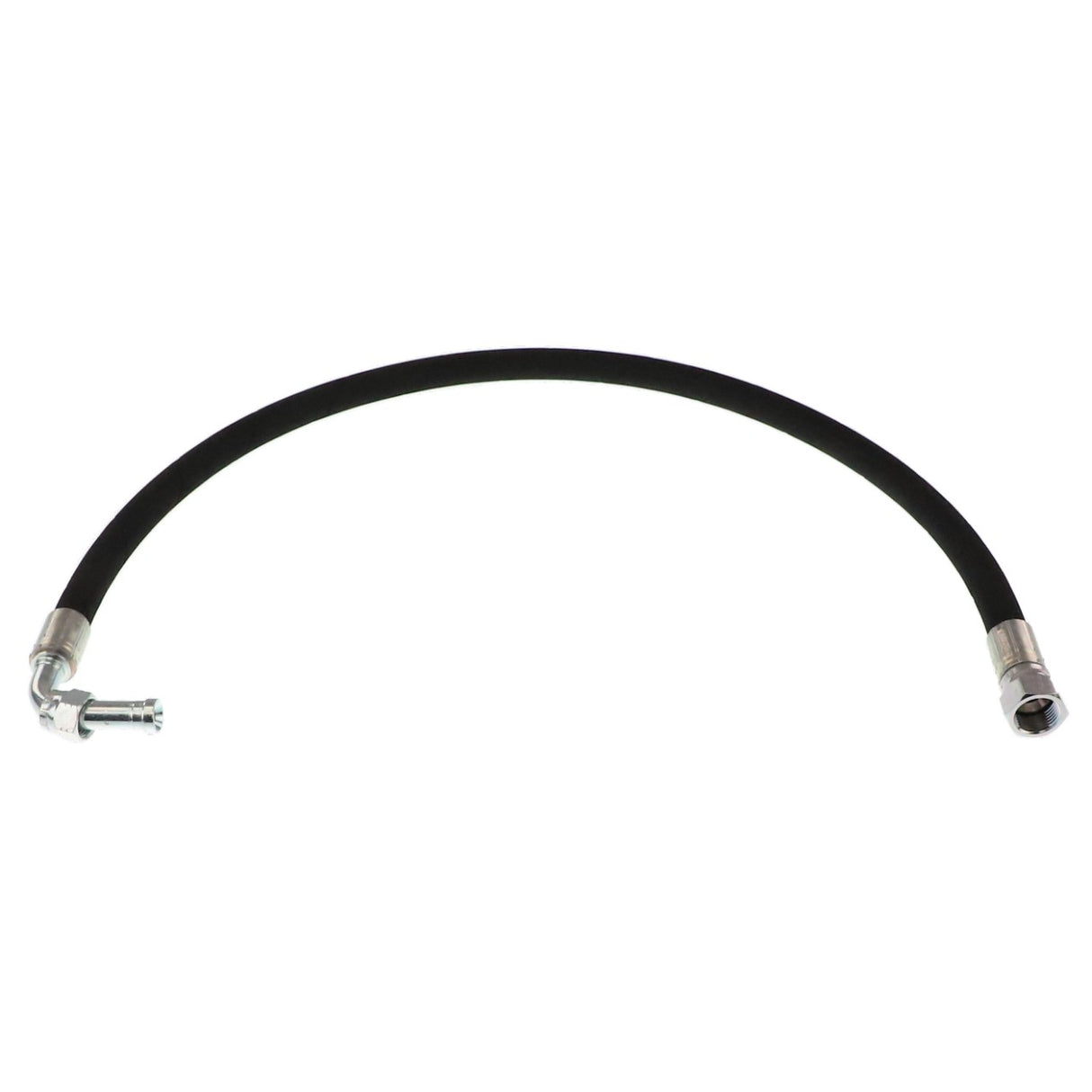 The AGCO | HYDRAULIC HOSE - AL9032381, a flexible black hose designed for automotive or industrial use, is equipped with metal fittings on both ends. The left end features a right-angle fitting. No current product description information is available from AGCO.