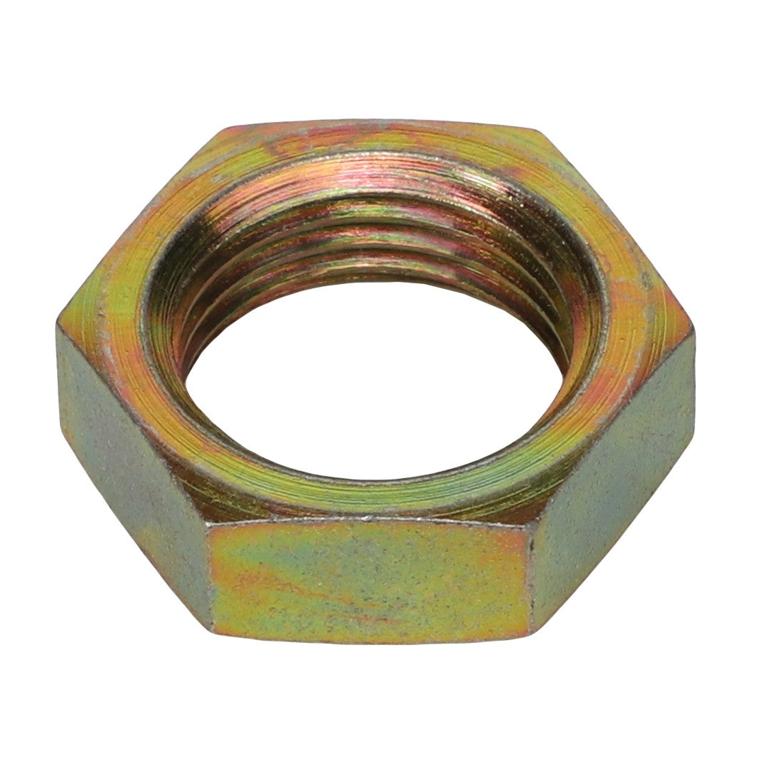 The AGCO NUT - AL5011757 is a hexagonal metal nut with internal threading and a subtly iridescent surface finish.