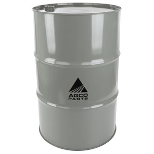 A gray oil drum, branded with the AGCO logo and featuring a sealed lid, stands upright. It is filled with AGCO Parts Premium Extra Engine Oil 15W-40 (205L) - Vacc3610, specifically designed for heavy-duty diesel engines.