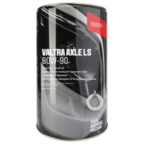 A 25L container of AGCO's Valtra Axle LS 80W-90 limited slip gear oil (model VACC3019) featuring a black and grey design with a red Valtra logo, multilingual text, and a cap at the top.