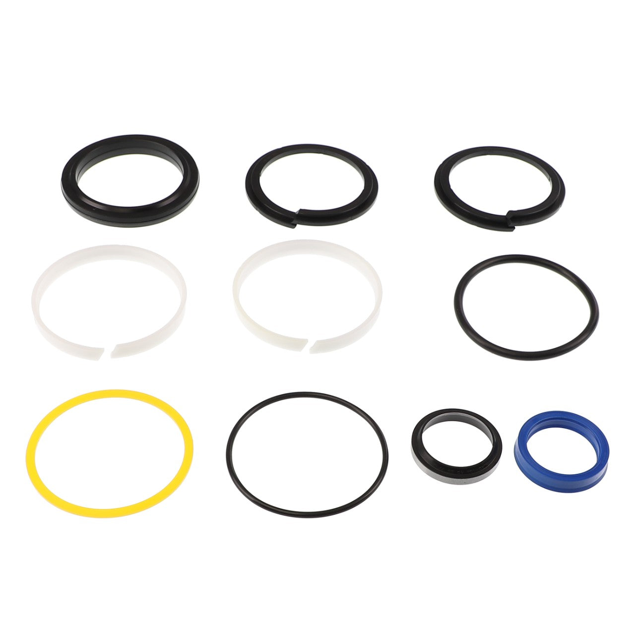 The AGCO | SEALS KIT - AL5036153 from AGCO features an assortment of black, white, yellow, and blue O-rings and seals neatly arranged in rows on a white background.