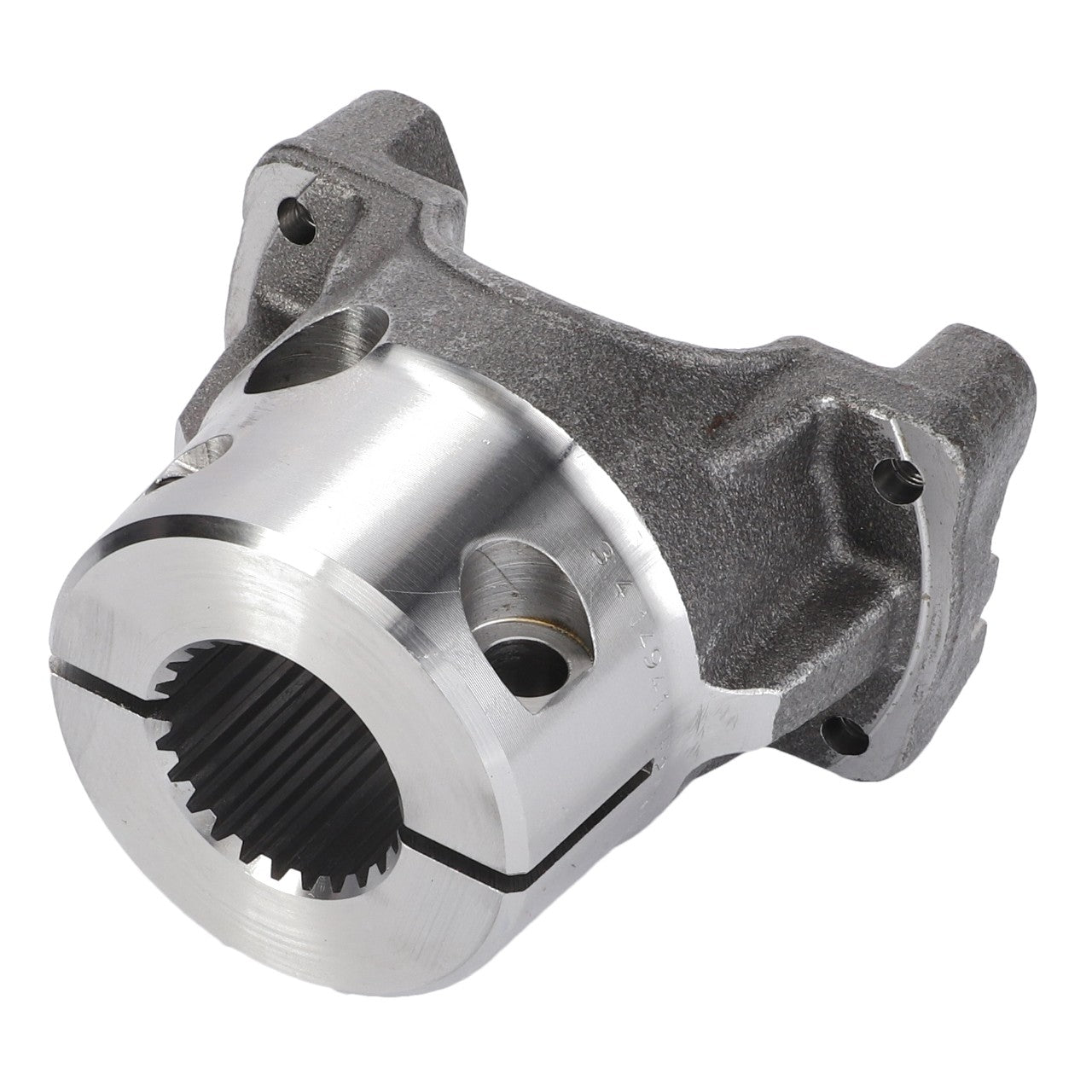 A close-up of the AGCO Yoke - 4277259M2, a machined metal component with a cylindrical shape and gear-like inner structure, featuring mounting flanges and bolt holes, reminiscent of the precision parts found in Massey Ferguson Dyna-6 transmissions.