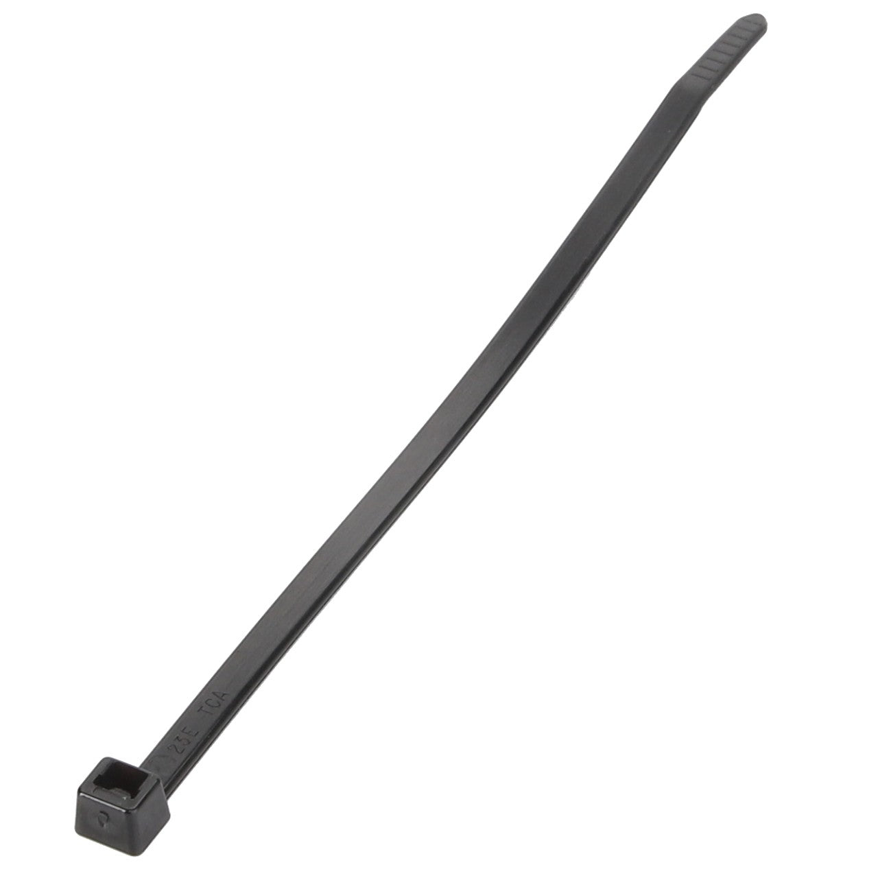 The AGCO Cable Tie - AL5033621 is a black plastic cable tie featuring a ratcheting mechanism at one end, ideal for bundling wires or securing items.