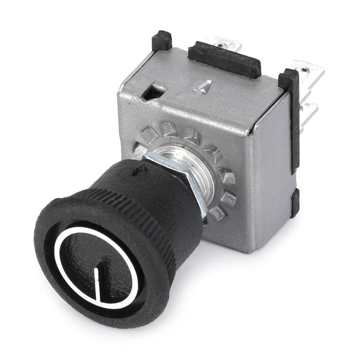 A detailed view of the AGCO Rotary Switch, Ac - F275500370020 reveals a square, metallic push button switch with a black circular actuator. The button surface features a white line indicator, and several electrical terminals are visible on the top and side. However, no current product description is available for this AGCO item.