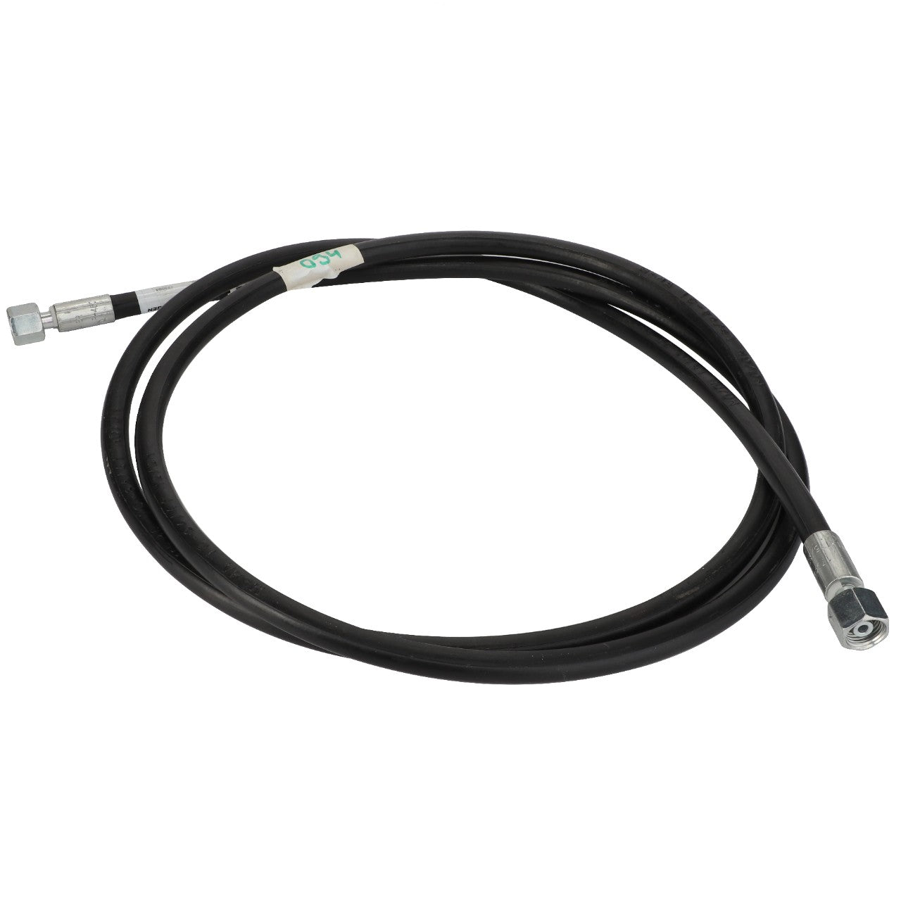 The AGCO | COOLER HYDRAULIC HOSE - ACP0534280, a black coiled hydraulic hose, features sturdy metal connectors on both ends.