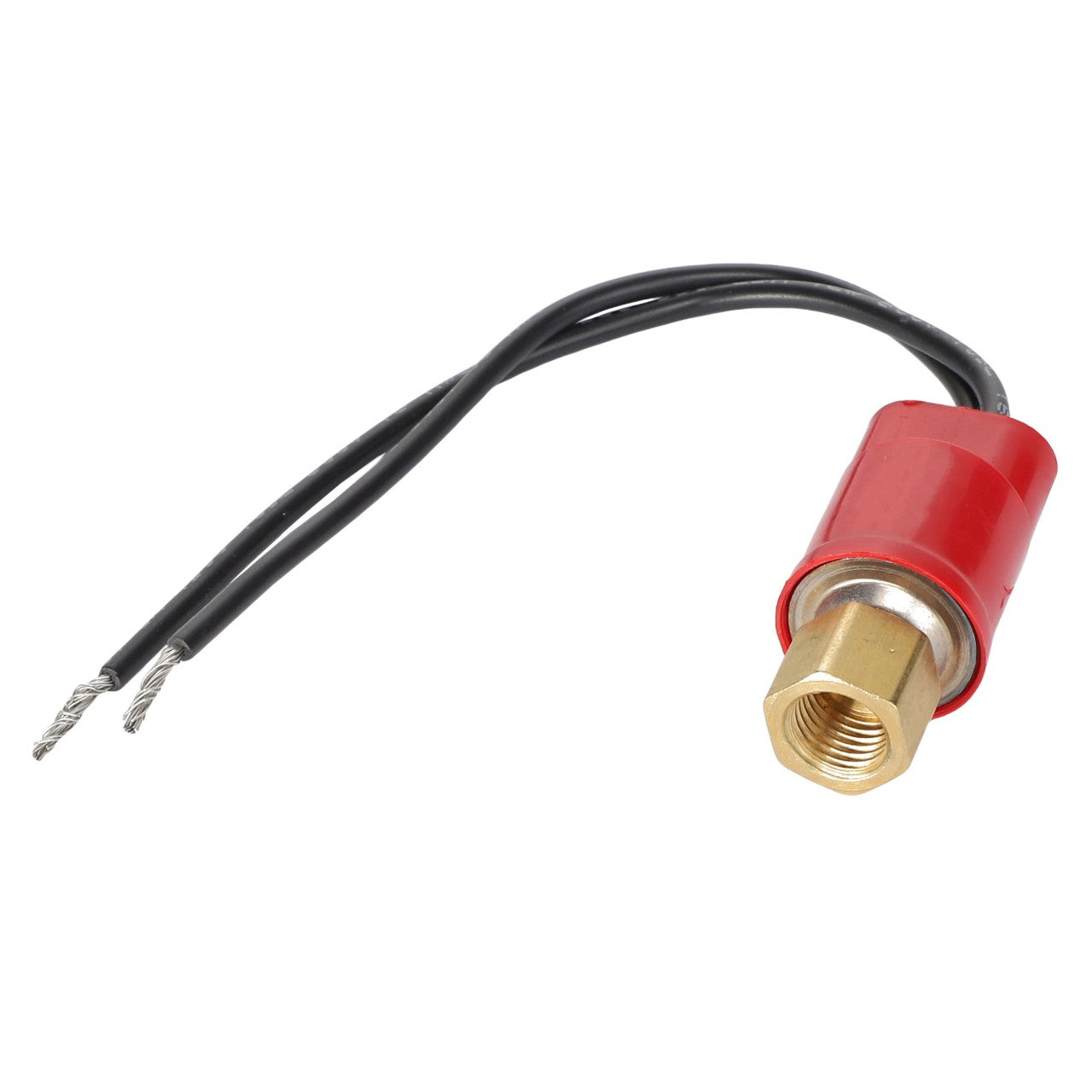 The AGCO HIGH PRESSURE SWITCH - AG524291 features a red design with two black wire leads and a threaded brass connector, ensuring precise control in various applications.