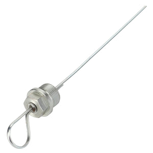 The AGCO OIL DIPSTICK - D26734199 is a long, slender metal rod with a cylindrical base, featuring a loop at one end and a straight shaft extending from it.