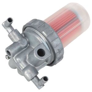 The AGCO Fuel Filter - 4264892M92 features a metallic base and a transparent cylindrical housing with a red filter element, designed for compatibility with Massey Ferguson machinery.