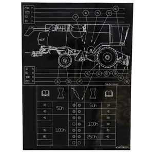 Technical diagram of the AGCO Decal, Right Hand - Acw0506020 with detailed measurements and specifications arranged around the image. Additionally, there's a chart with various numerical data below the illustration. No current product description information is available.