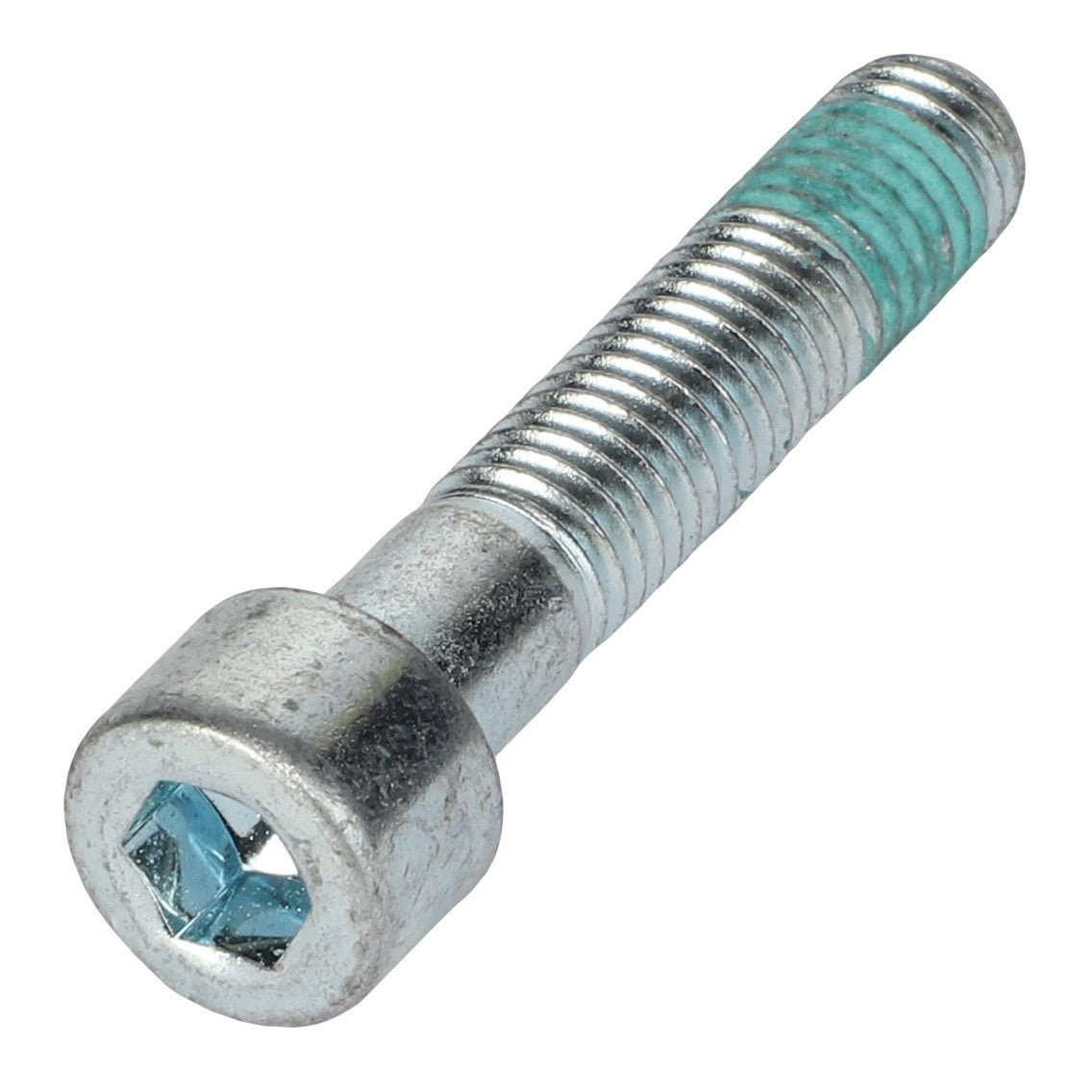 A close-up of the AGCO Screw - Acp0293570, featuring a silver hex socket cap design with blue thread locker applied to the end of its threads.