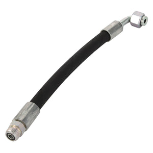 The AGCO Hose - Acw171059A, a black flexible hydraulic hose by AGCO, features metal fittings on both ends—one end straight and the other end bent at an angle. SEO keywords cannot be generated for this product.