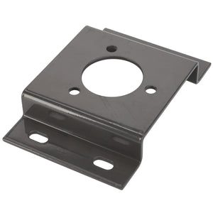 The AGCO BEARING CARRIER - D28782105 is a black metal mounting bracket featuring multiple holes, including a large central circular hole and several smaller ones, designed for securely attaching hardware or equipment.