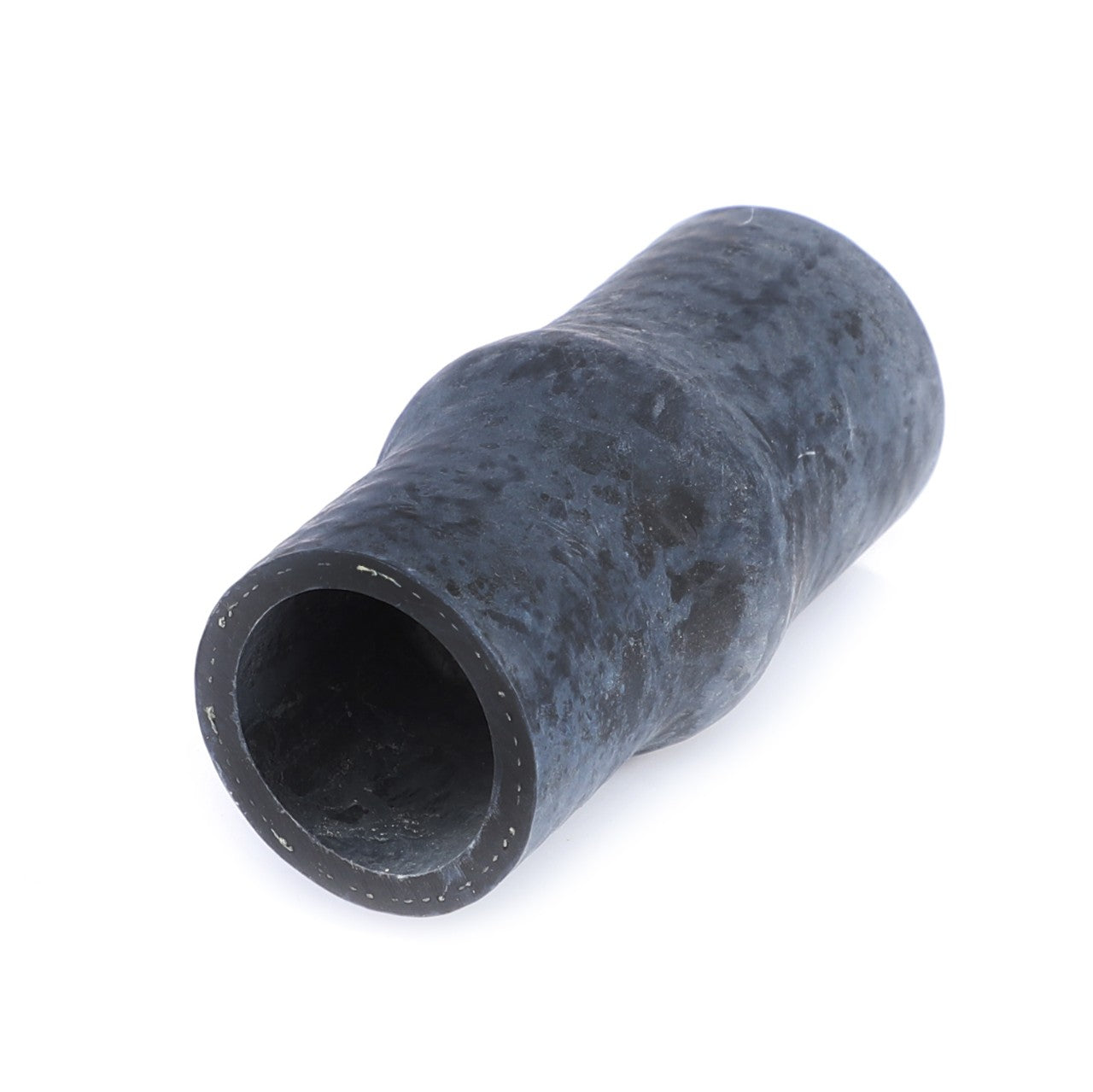 A black, cylindrical AGCO Hose for coolant (0.010.1036.0) with a wider section in the middle, perfect for reliable performance in engine compartments, lying on a white background.