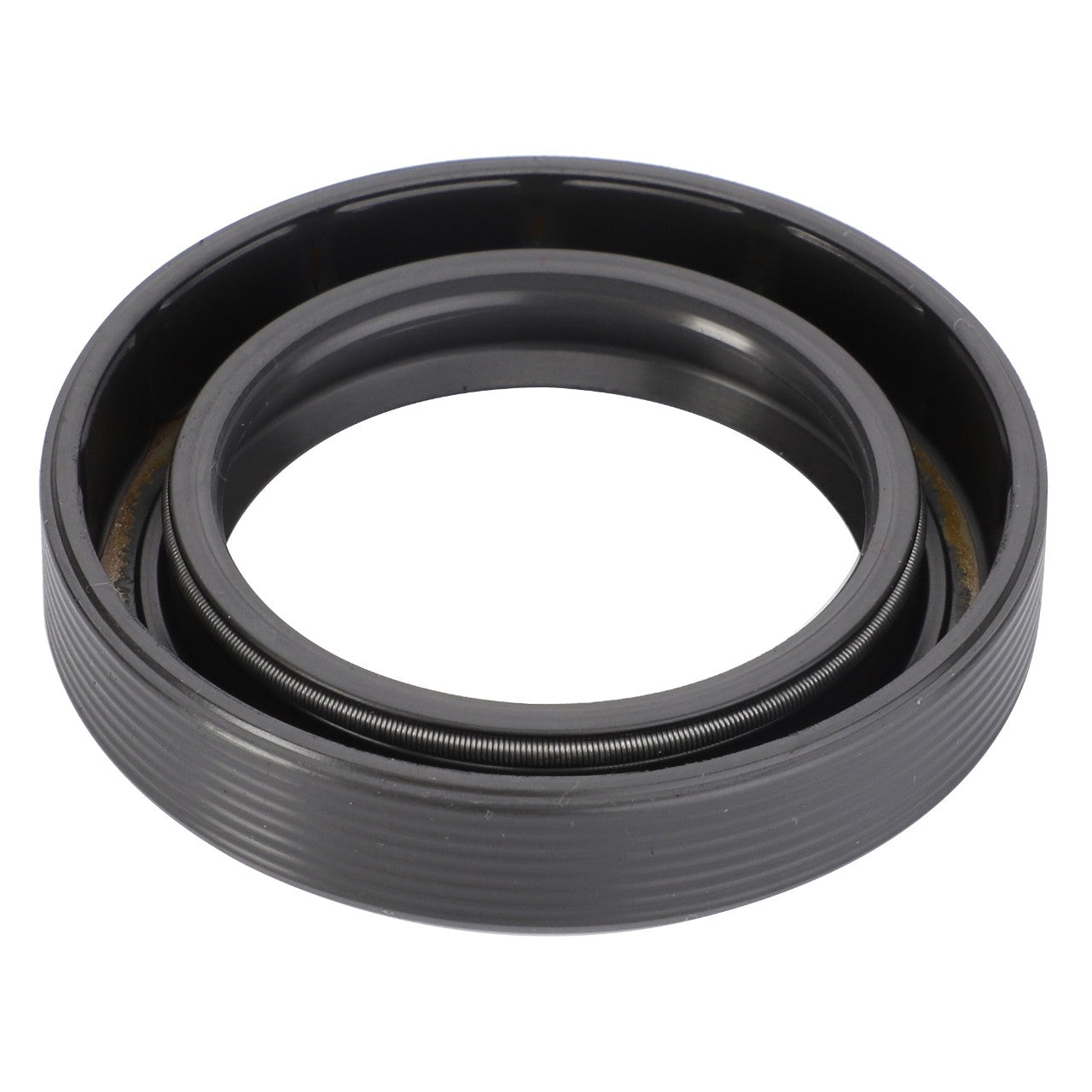 The AGCO Shaft Seal - F184300020630 is a high-performance black rubber and metal oil seal ring with a robust internal spring mechanism, meticulously designed for sealing lubricants in advanced machinery.