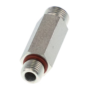 The AGCO | CONNECTOR FITTING - CH164-9869 is a robust metal male-to-male hex nipple connector with threaded ends and a vibrant red O-ring, engineered for seamlessly joining two female threaded pipes or fittings.