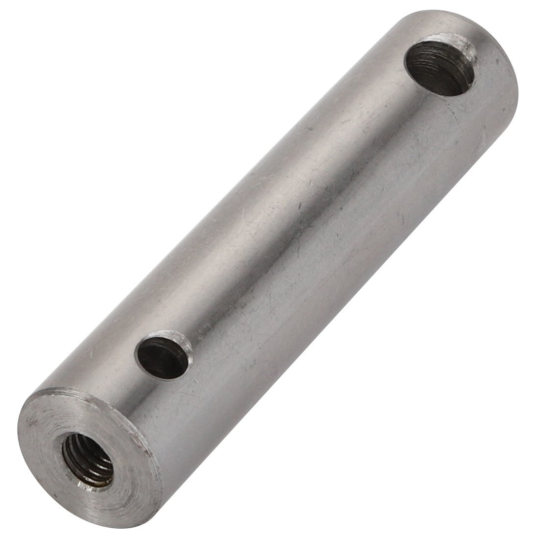 No current product description is available for the AGCO Shaft - Acp0362750, a cylindrical metal rod with two threaded holes and two through-holes.