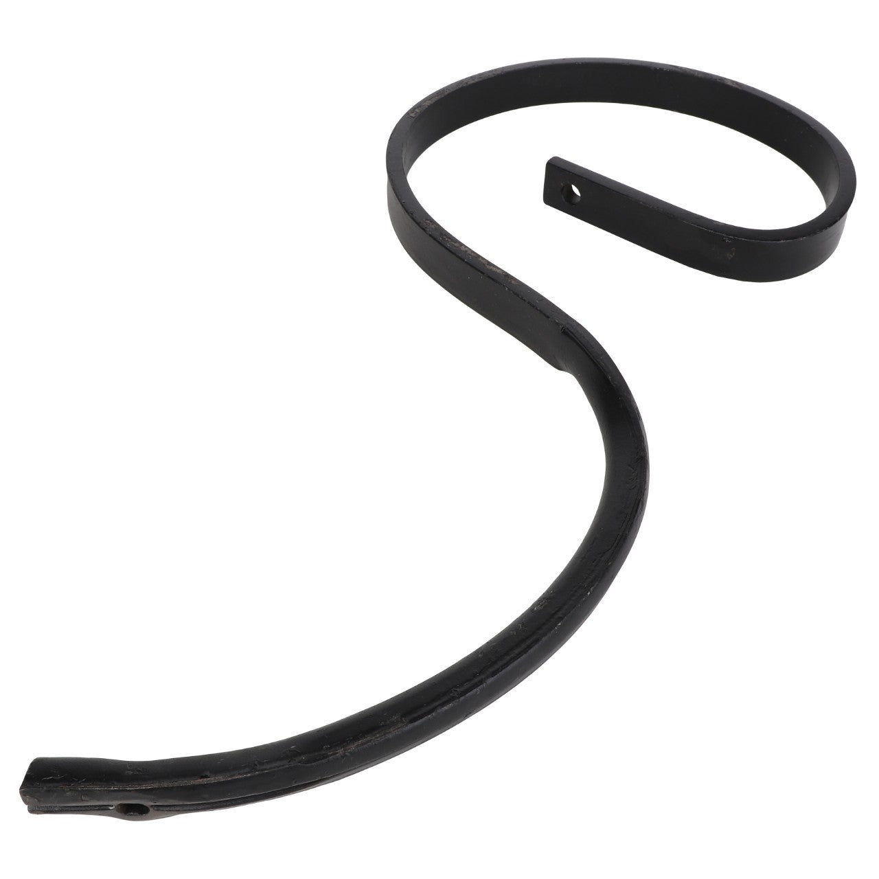 Introducing the AGCO SHANK - EP5133, a sleek, black curved metal hook with a looped end and a discreet hole for mounting.