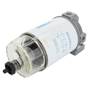 The AGCO Prefilter - 062240T1 is a cylindrical fuel filter with metal top and bottom sections, a clear plastic middle section, and threaded connections on both ends, compatible with Fendt models.