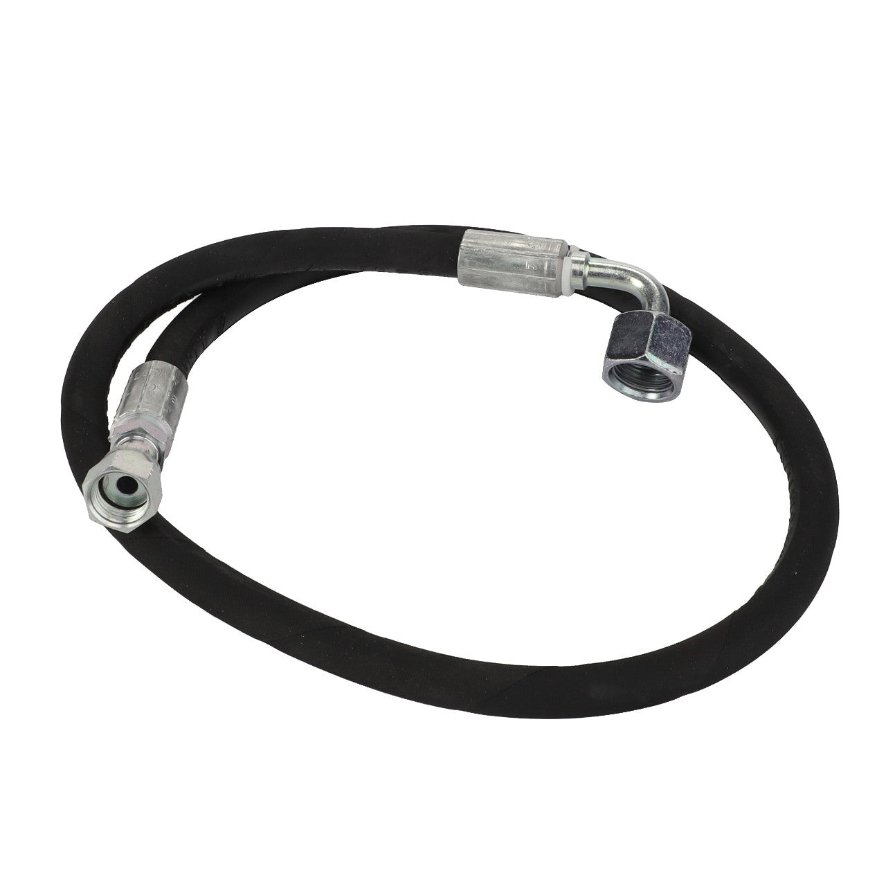 Introducing the AGCO | Hydraulic Hose - Acw3539790 by AGCO: a black hydraulic hose featuring metal fittings on both ends, designed to form an arc.