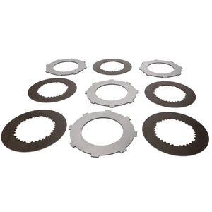 A set of nine clutch plates from the AGCO Kit, Plate - 3819877M91, arranged in three rows on a white background. These metallic plates feature both smooth and textured surfaces, epitomizing the high-quality engineering associated with Valtra or Massey Ferguson machinery.