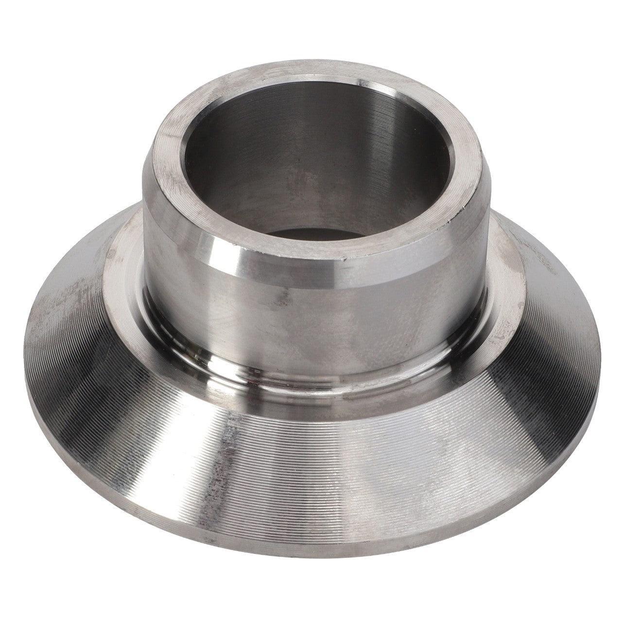 The AGCO Flange - F718301020190 is a metallic, cylindrical machined component with a flanged base and a central hollow section, designed to improve machinery efficiency. As an AGCO Parts Genuine item, it ensures reliable installation and maintenance.