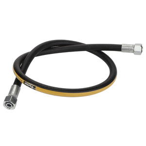 The AGCO | HYDRAULIC HOSE - D45130073 is a flexible, black and yellow hydraulic hose equipped with metal fittings on both ends, and coiled in a loop.