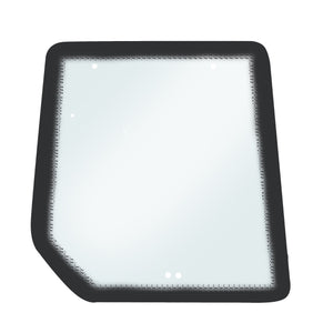 The AGCO Window, Rear - 3902141M1 is a transparent, trapezoid-shaped glass panel with a black border and two small holes near the bottom edge, designed to enhance visibility for Massey Ferguson models.