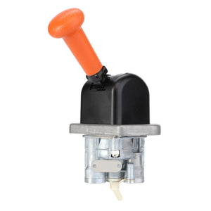 An AGCO Hand Brake Valve (G743810290100) featuring a lever-operated switch with an orange handle, housed in a combination of metal and plastic elements, reminiscent of the design used in Valtra machinery.