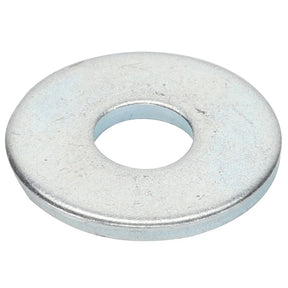 The AGCO WASHER - D46150482, a silver metal flat washer with a central hole, is perfect for securing bolts and distributing load evenly.