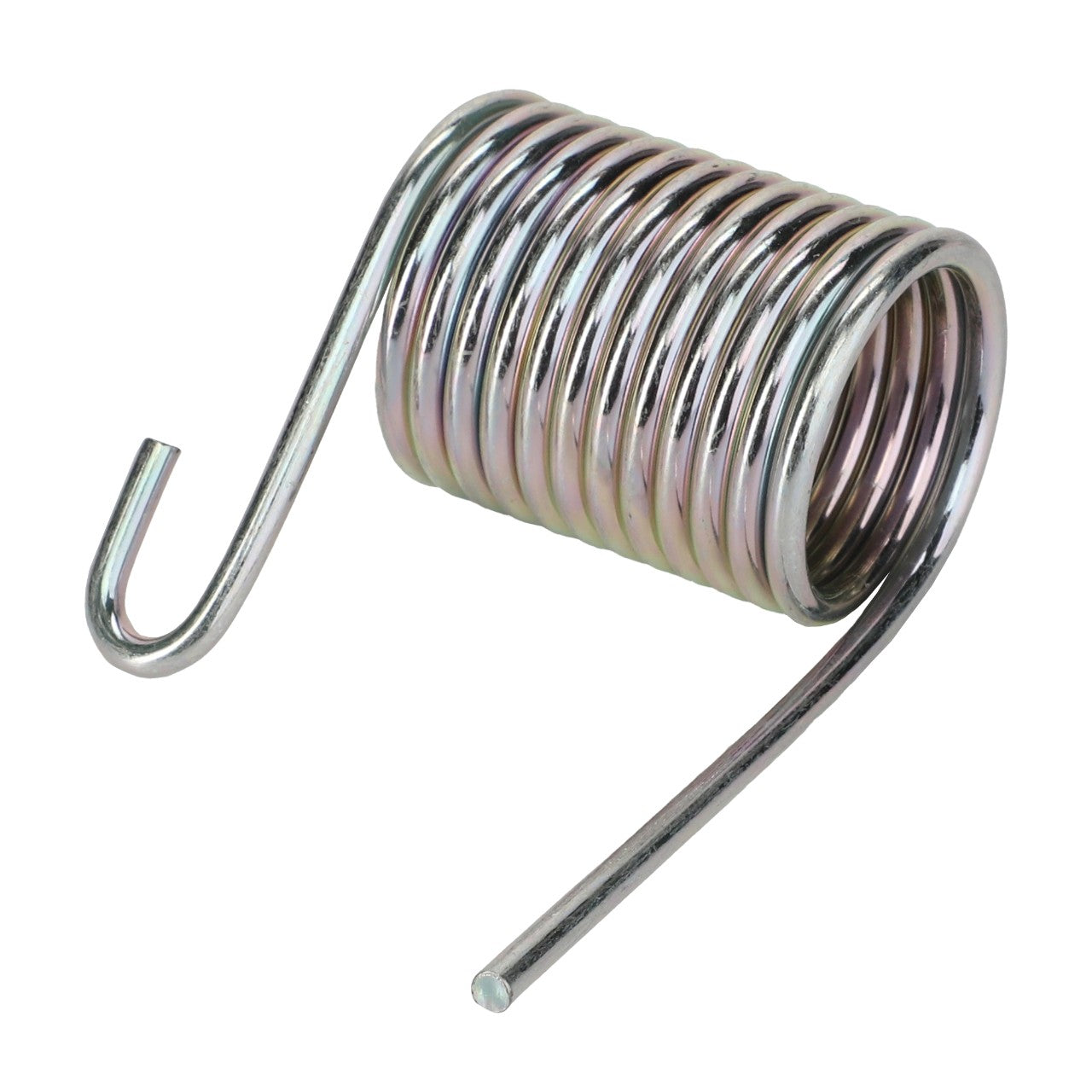 A close-up image of the AGCO | SPRING - D28285087 metal coil spring with one end extending upward and the other end pointing straight. The product description information for this item is currently unavailable.