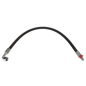 The AGCO | HOSE - AL9032602, a flexible black rubber hose, features metallic connectors on both ends—one straight and the other angled.