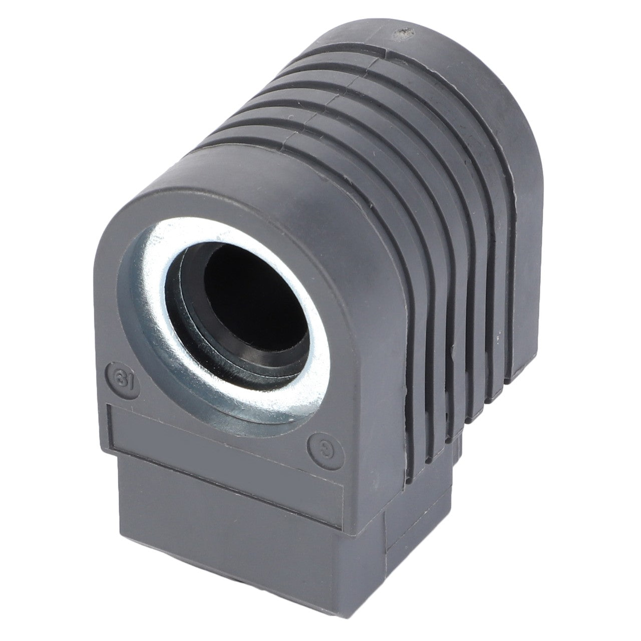 The AGCO Solenoid - F650813500020 is a cylindrical black plastic component with grooved sides and a central metal-lined hole, seamlessly integrating form and function.