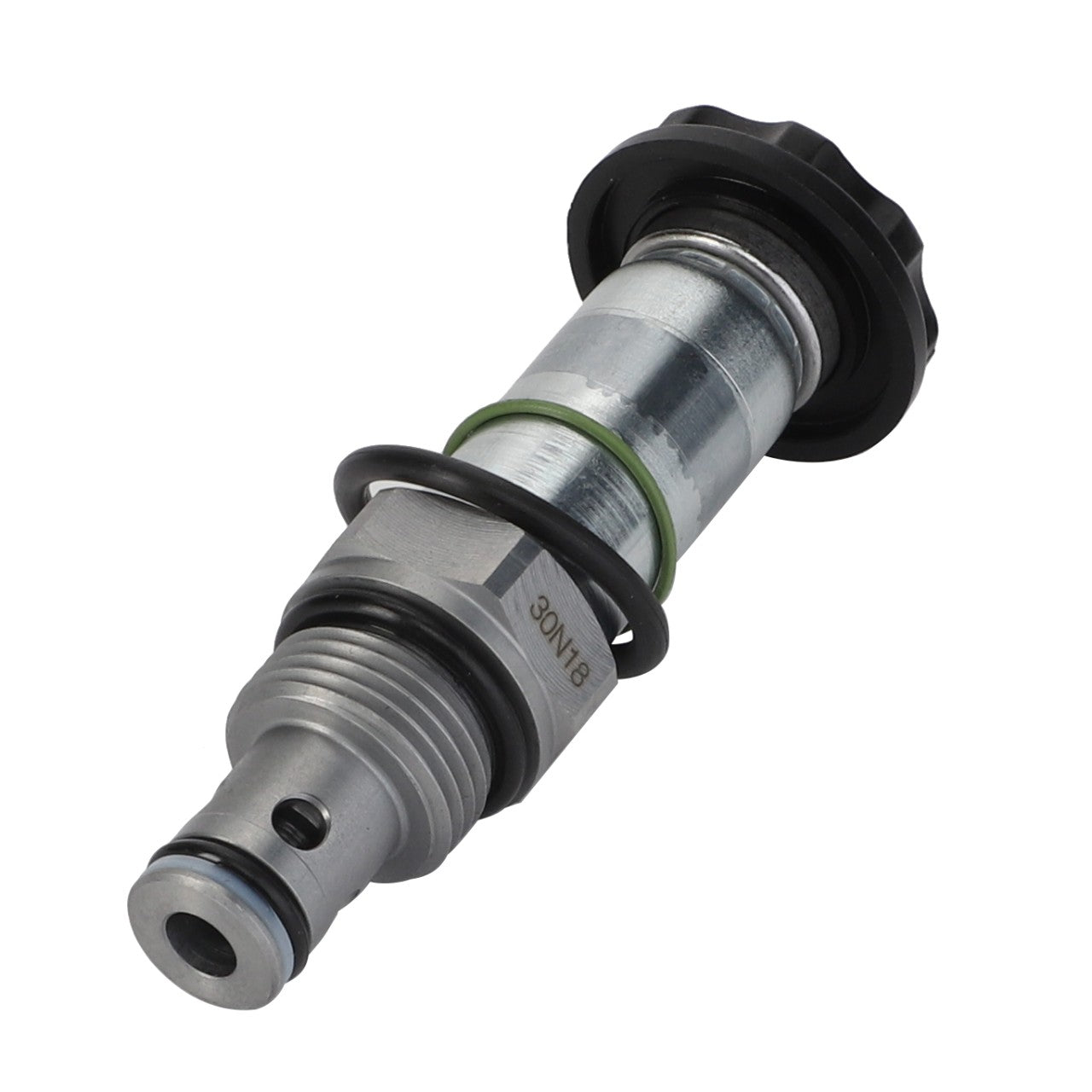 The AGCO Valve - Acp0296700 is a metal hydraulic valve featuring multiple O-rings and a threaded cap on one end, specifically designed for fluid control in mechanical systems.