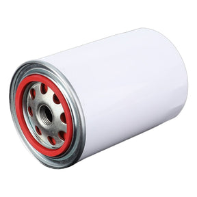 A cylindrical white Engine Oil Filter Spin On - 3906733M1 from AGCO, with a metal rim and multiple holes, featuring a red rubber gasket, lies on its side against a white background. This filter prevents wear and corrosion, extending component life.