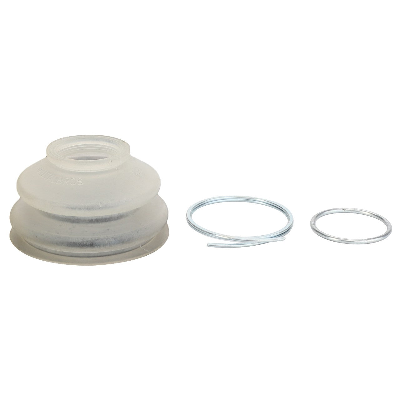 A translucent rubber sealing cup labeled AGCO | Sealing Cup - F334310020650 is accompanied by two metal rings of different sizes, all arranged on a plain white background. This product is from the AGCO brand. No current product description available.