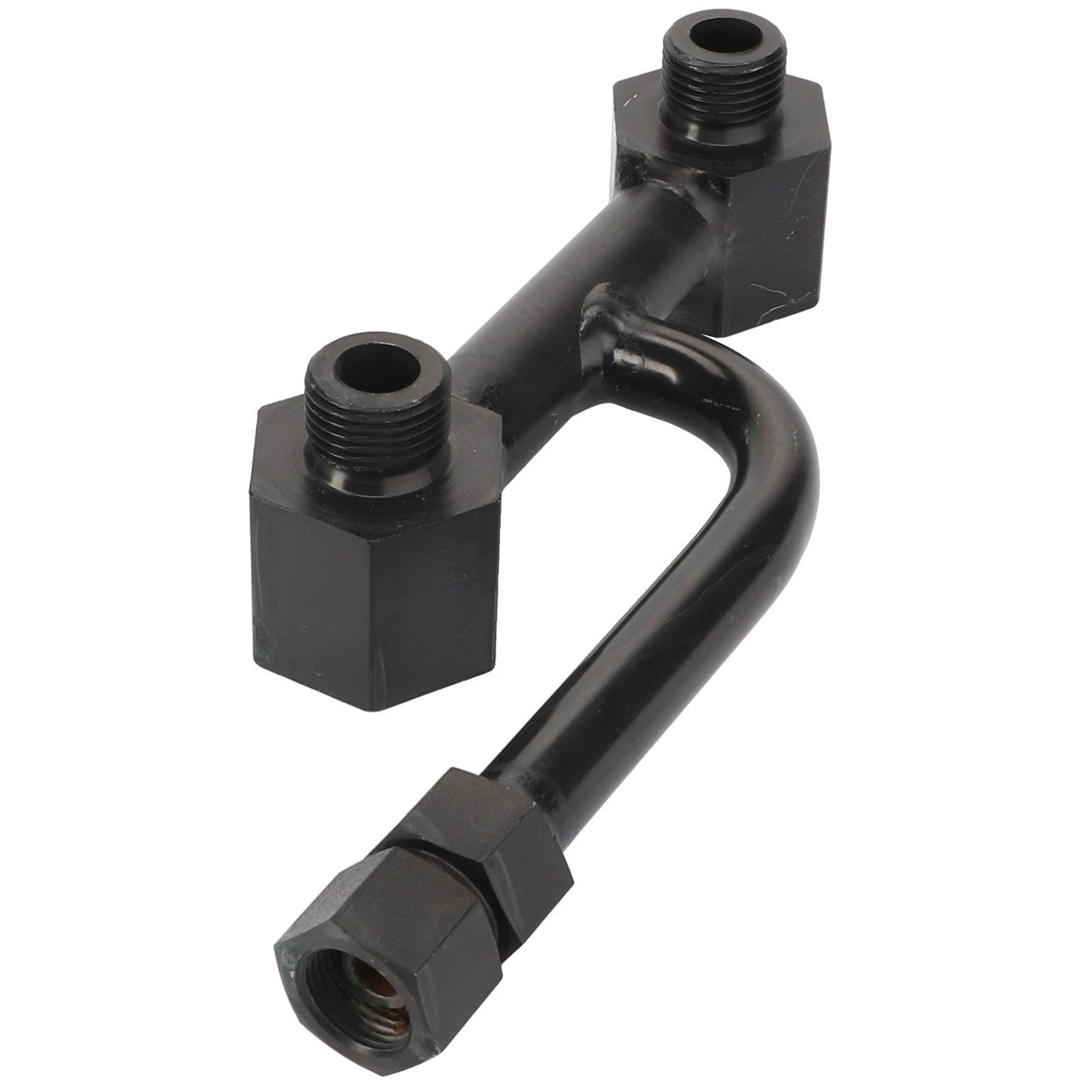 The AGCO ADAPTER - AL1120412 is a black metal pipe fitting featuring three threaded connection points, engineered to seamlessly join various plumbing components for optimal utility and durability.