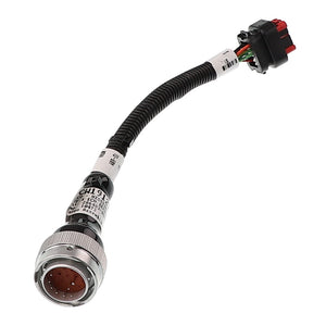 The AGCO Jumper Harness - Acw1912100 is a black and silver automotive wiring harness featuring a coiled protective cover and connectors at both ends—one being a circular multi-pin plug and the other a rectangular connector with colored wires. Currently, no additional product description information is available.