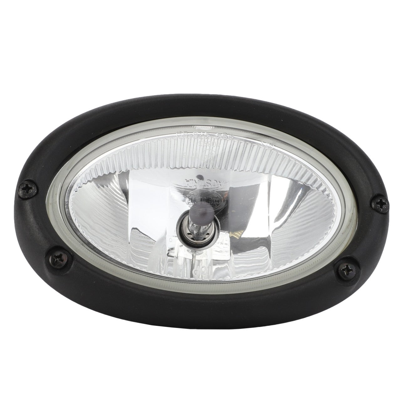 The AGCO | Headlight - D44901009, an oval-shaped automotive headlight with a black plastic housing, reflective interior, and clear front lens, ensures an optimum fit for your vehicle.