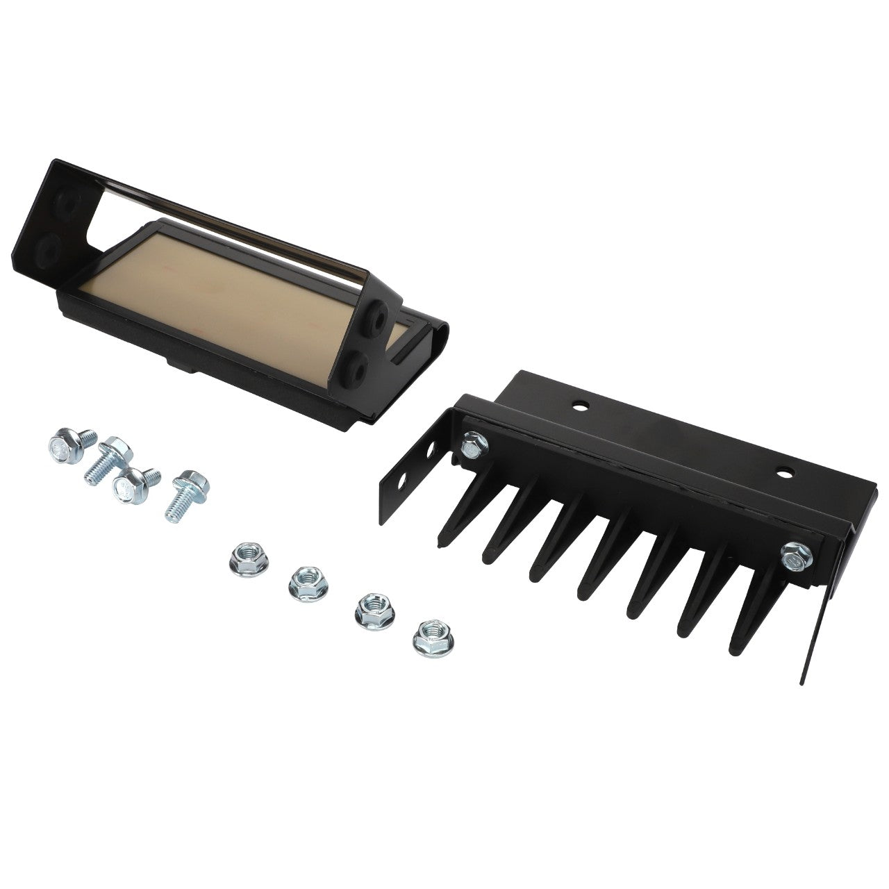 Image of a disassembled black metal bracket with an attached beige component, several screws, and a black comb-like piece with prongs. Compatible with Massey Ferguson Models, this product is the AGCO | Sensor - La322355100.