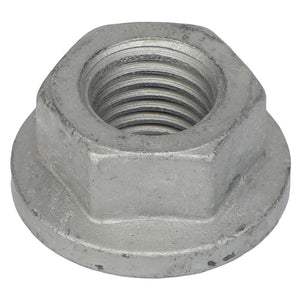 Close-up of the AGCO Hex Flange Nut - Acw1023960, showcasing its internal threading. The hexagonal nut, branded AGCO, is made of metal with a slightly worn surface. No current product description information is available.