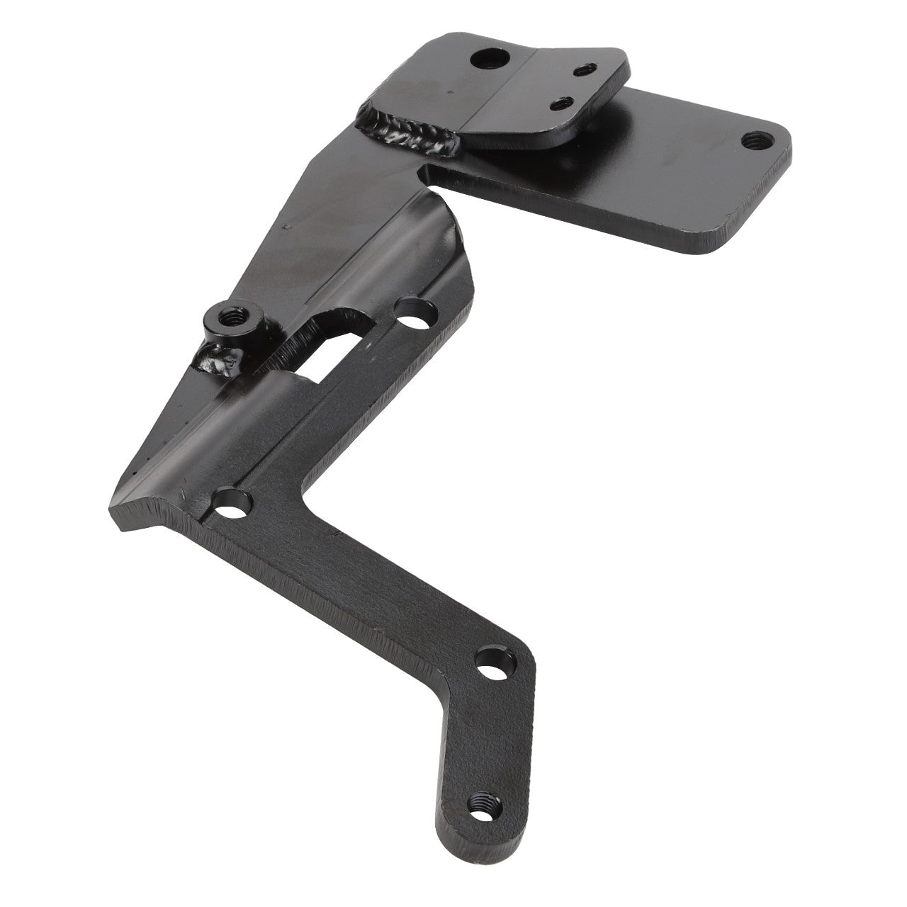 The AGCO | Bracket - Acw0713410 from AGCO is a durable black metal hinge bracket with multiple angles, several mounting screw holes, and a welded section for enhanced durability.